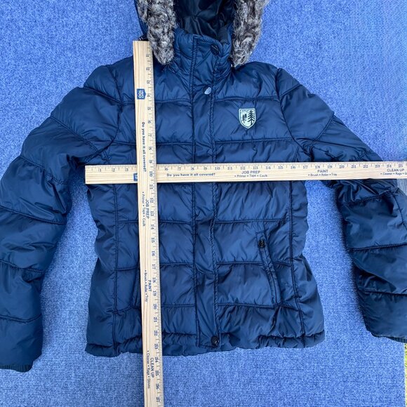 American Eagle Puffer Coat Navy Med Faux Fur Trimmed Detachable Hood - Picture 7 of 12